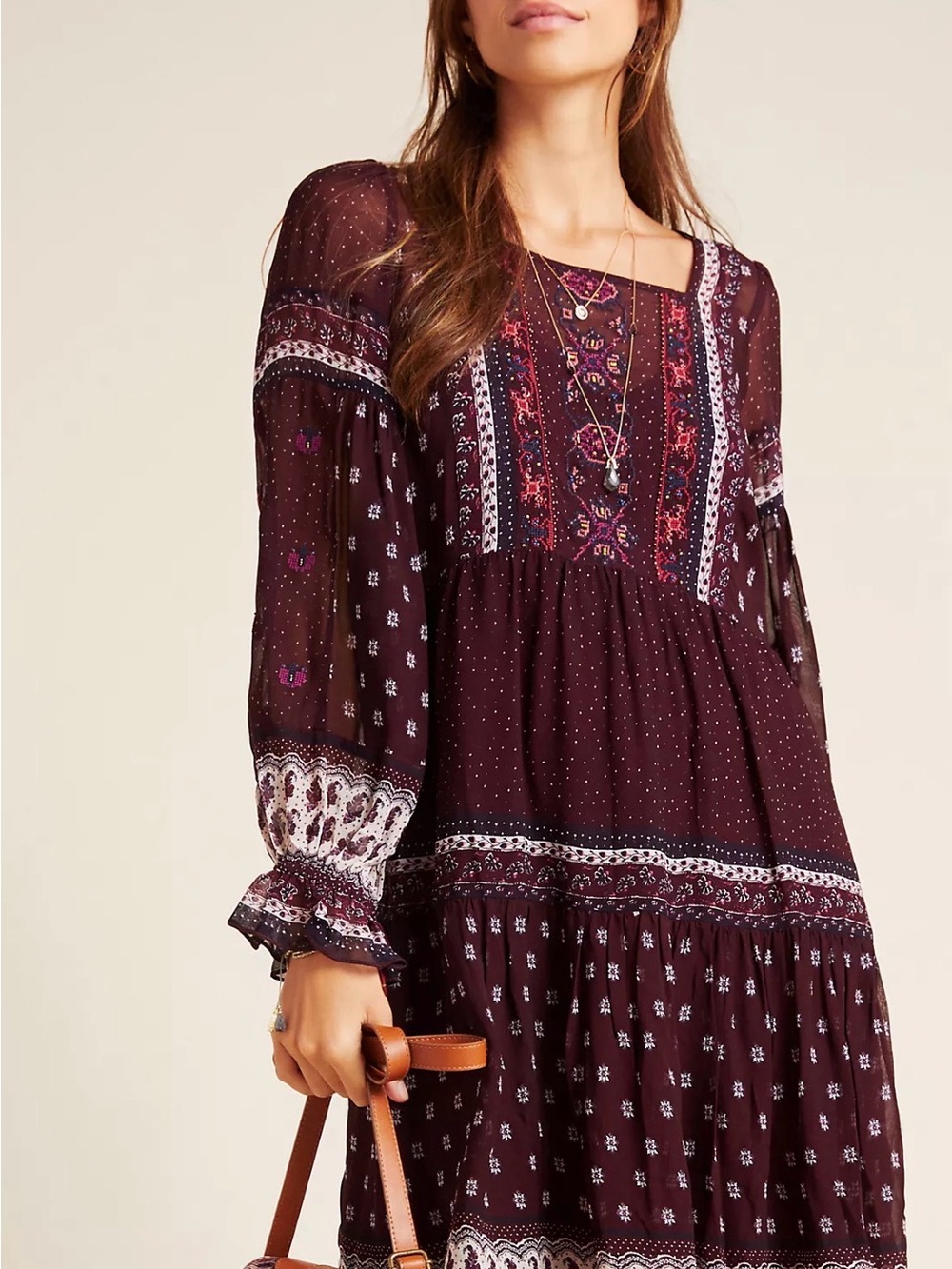 Anthropologie Size US O Embroidered Beaded LS
Boho Balloon Sleeve
 Dress in Plum